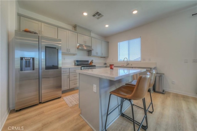 kitchen with stainless steel appliances, sink, a center island, a kitchen breakfast bar, and light hardwood / wood-style floors