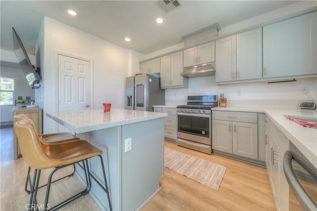 kitchen featuring a center island, a kitchen bar, light hardwood / wood-style flooring, gray cabinets, and appliances with stainless steel finishes