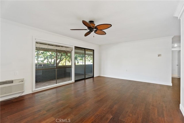 unfurnished room with ceiling fan, dark hardwood / wood-style flooring, a wall mounted air conditioner, and ornamental molding