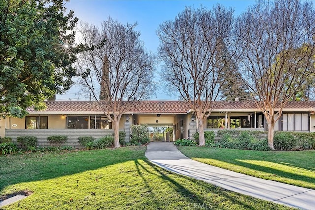 ranch-style home featuring a carport and a front lawn