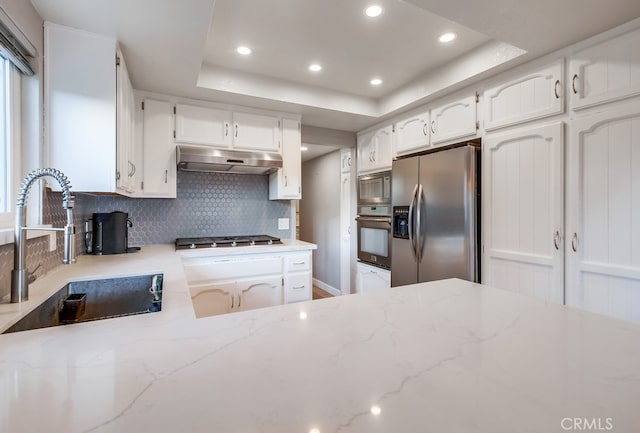 kitchen with stainless steel appliances, decorative backsplash, a tray ceiling, white cabinetry, and sink