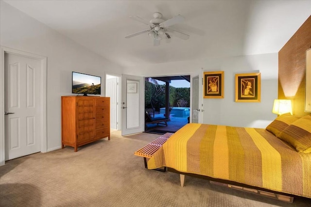 bedroom with lofted ceiling, access to exterior, ceiling fan, and carpet