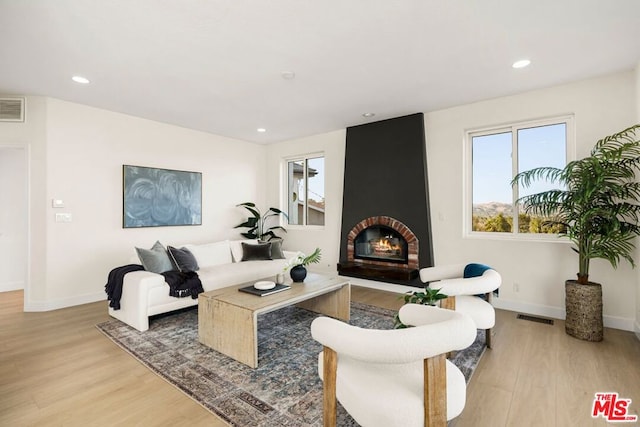 living room with a large fireplace, light hardwood / wood-style floors, and plenty of natural light