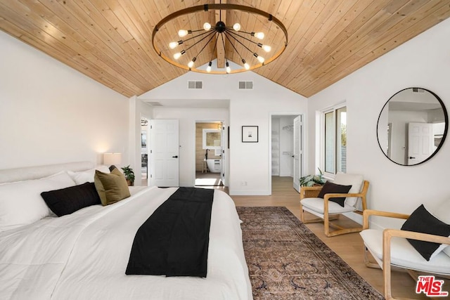 bedroom with wood-type flooring, wooden ceiling, a chandelier, and vaulted ceiling