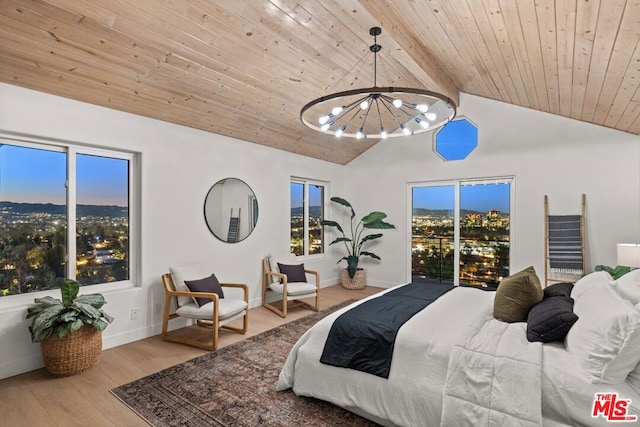 bedroom featuring wood-type flooring, wooden ceiling, an inviting chandelier, and lofted ceiling with beams