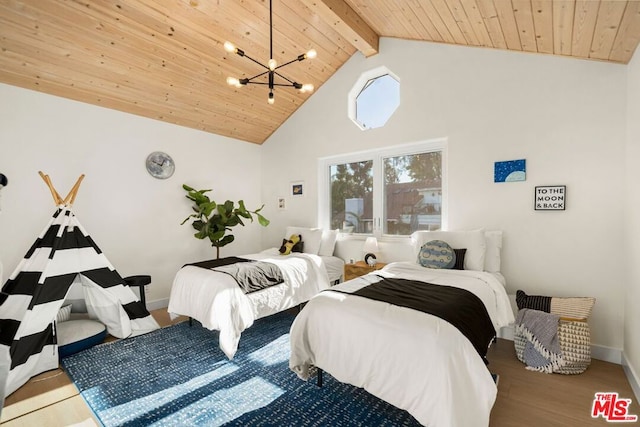 bedroom with hardwood / wood-style floors, a notable chandelier, wood ceiling, and vaulted ceiling with beams