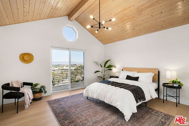 bedroom featuring access to outside, an inviting chandelier, light hardwood / wood-style flooring, and wood ceiling