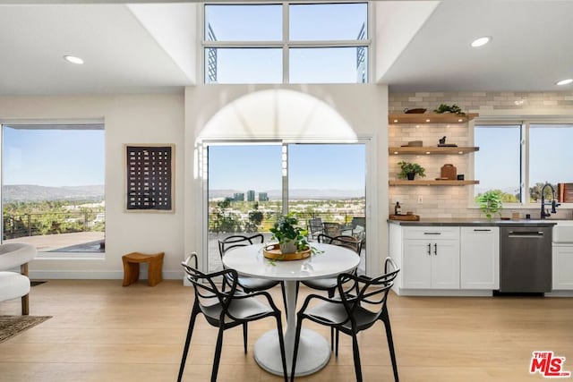 dining room with a mountain view and light hardwood / wood-style flooring