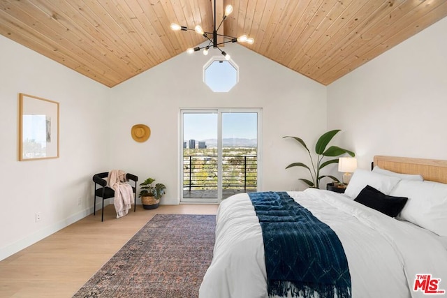 bedroom featuring an inviting chandelier, light wood-type flooring, vaulted ceiling with beams, and wood ceiling