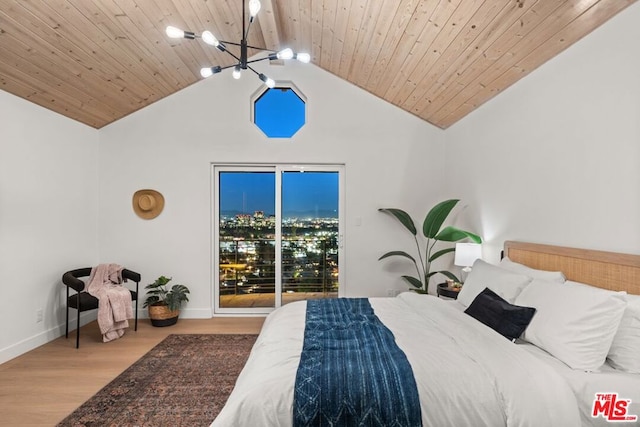 bedroom with light wood-type flooring, vaulted ceiling, a chandelier, and wood ceiling