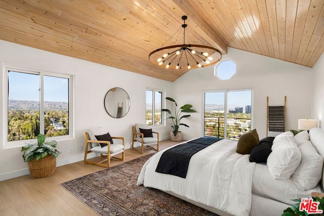 bedroom featuring access to outside, hardwood / wood-style floors, a chandelier, lofted ceiling with beams, and wood ceiling