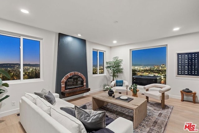 living room with light hardwood / wood-style floors and a large fireplace