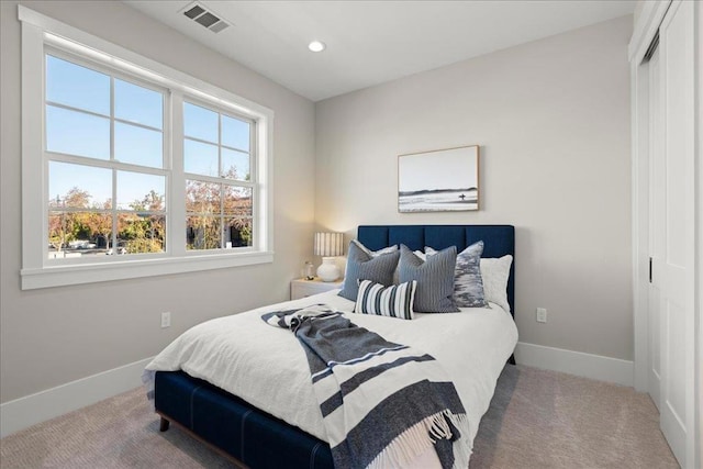 carpeted bedroom with a closet