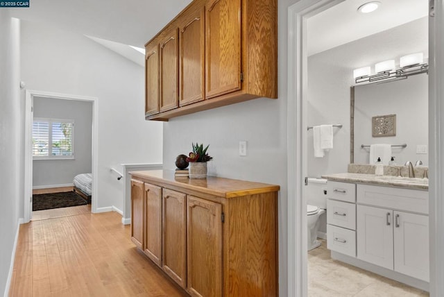 bathroom featuring toilet, lofted ceiling, wood-type flooring, and vanity