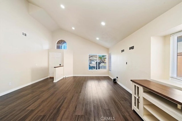 bonus room featuring high vaulted ceiling, recessed lighting, visible vents, baseboards, and dark wood-style floors