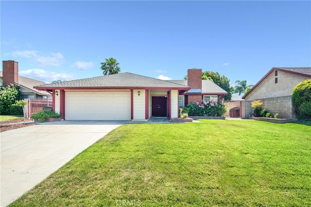 ranch-style home featuring a front lawn and a garage