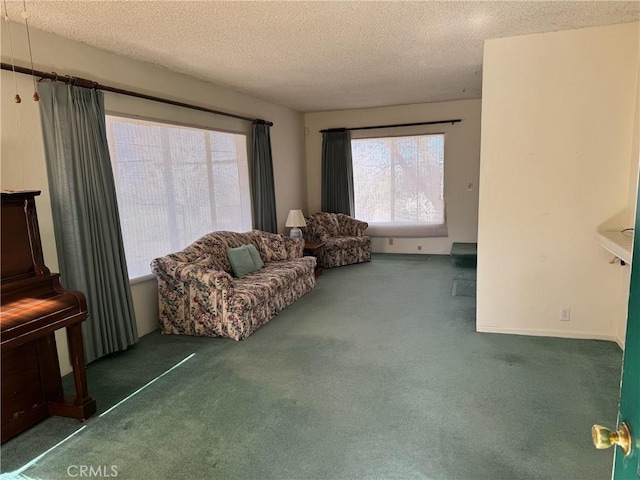 living room with a textured ceiling and carpet flooring