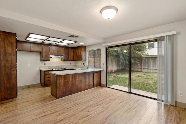 kitchen featuring sink, light wood-type flooring, and kitchen peninsula