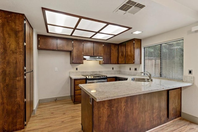 kitchen with stainless steel electric stove, light wood-type flooring, light stone countertops, kitchen peninsula, and sink