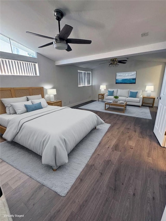 bedroom featuring lofted ceiling, ceiling fan, and dark hardwood / wood-style floors