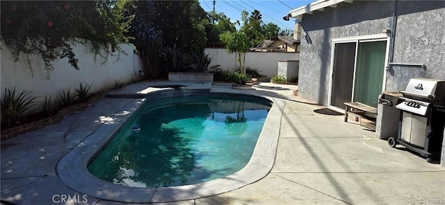 view of pool featuring area for grilling and a patio area