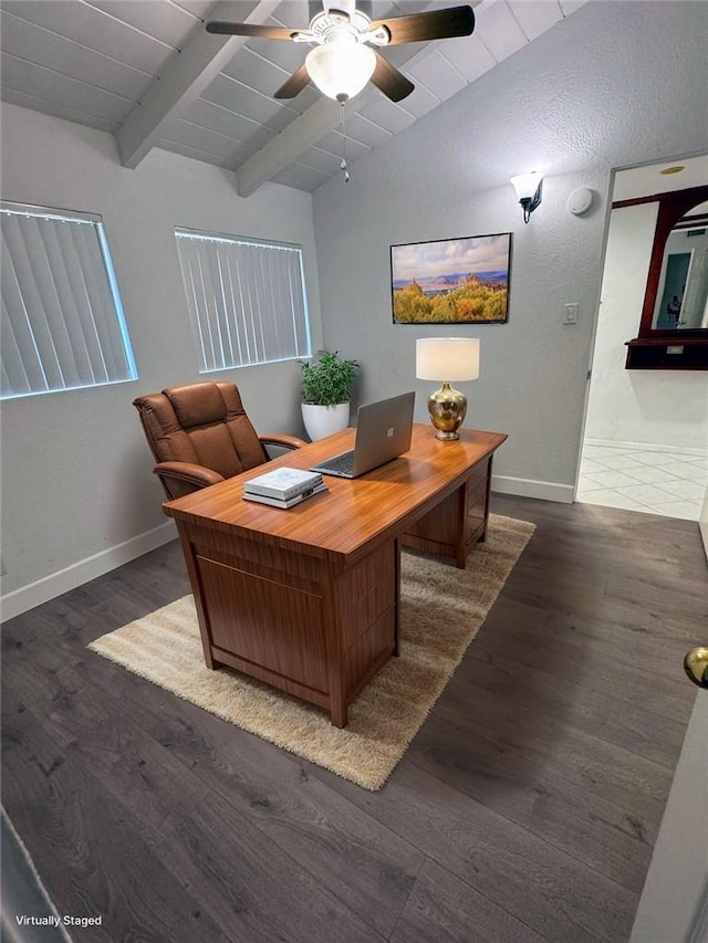 office featuring wooden ceiling, ceiling fan, vaulted ceiling with beams, and dark wood-type flooring