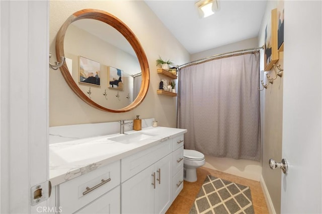 full bathroom with toilet, tile patterned flooring, shower / bathtub combination with curtain, and vanity