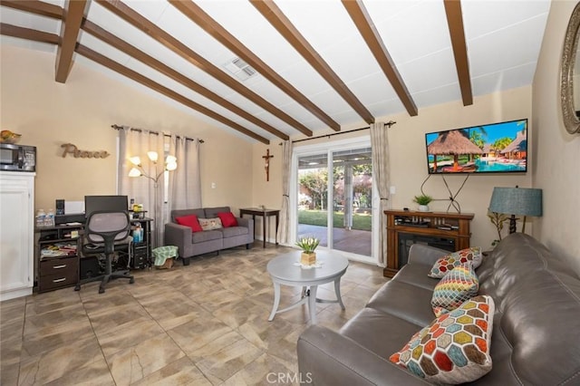 living room with vaulted ceiling with beams