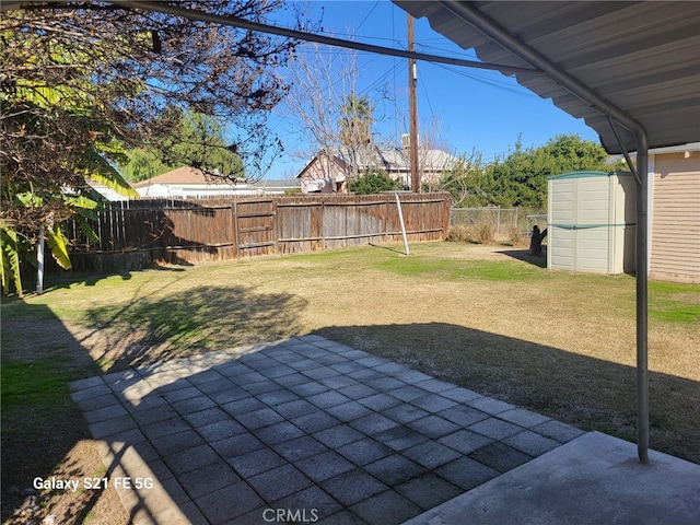 view of yard with a patio and a storage unit