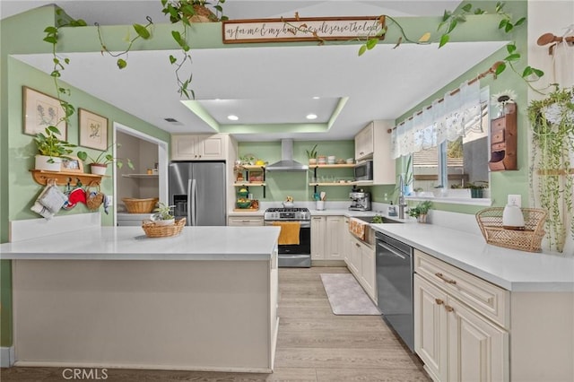 kitchen featuring sink, white cabinets, wall chimney range hood, a tray ceiling, and appliances with stainless steel finishes