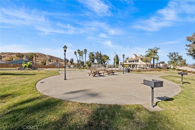 view of property's community with a yard and a playground