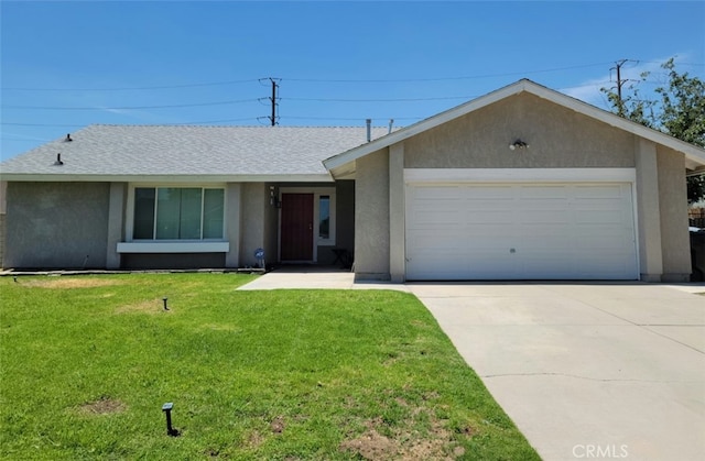 single story home with a front lawn and a garage