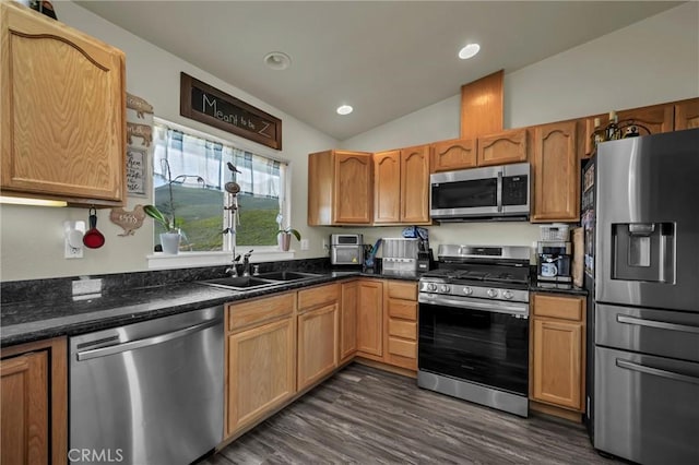 kitchen with sink, dark wood-type flooring, dark stone countertops, stainless steel appliances, and vaulted ceiling