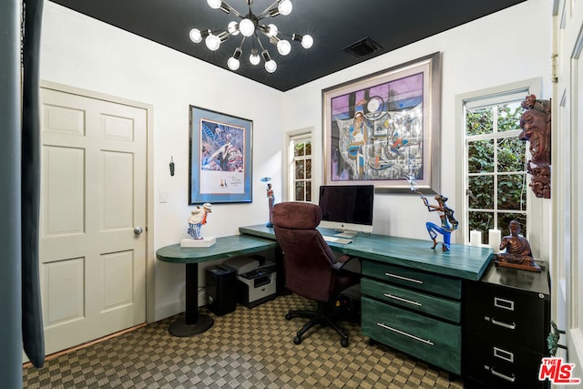 office with a notable chandelier