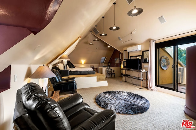 carpeted cinema room with vaulted ceiling and a wall unit AC