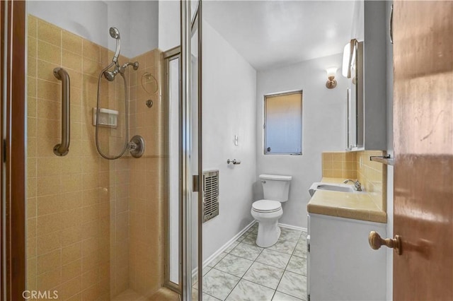 bathroom with walk in shower, decorative backsplash, vanity, and toilet