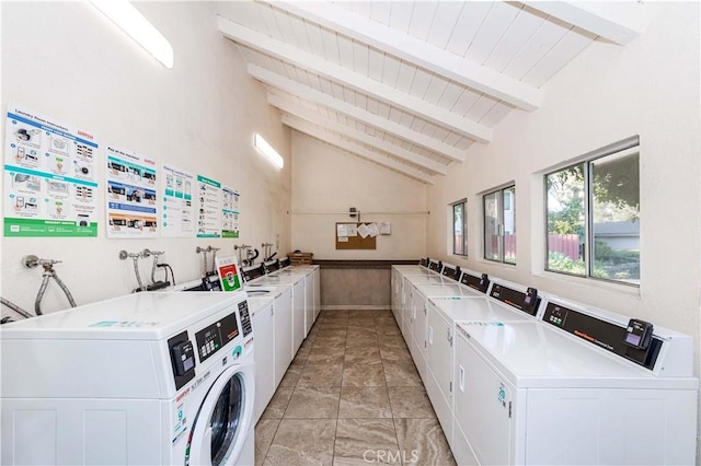 laundry room with separate washer and dryer, light tile patterned floors, and wooden ceiling