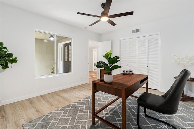 office space with hardwood / wood-style floors and ceiling fan