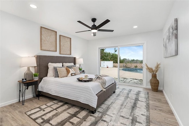 bedroom featuring access to exterior, ceiling fan, and light hardwood / wood-style flooring