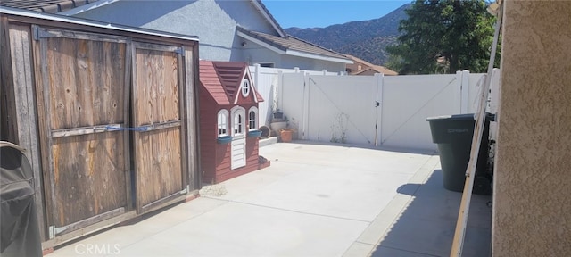 view of patio featuring a mountain view