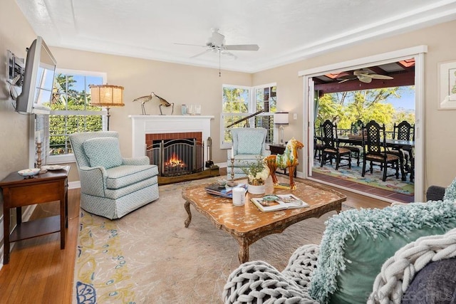 living room with ceiling fan, a fireplace, and wood-type flooring