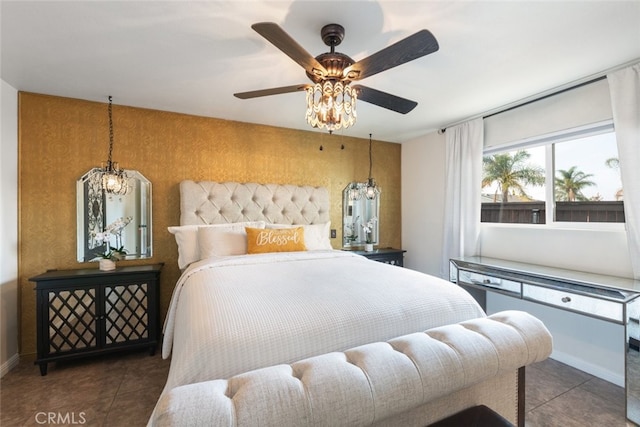 tiled bedroom featuring ceiling fan