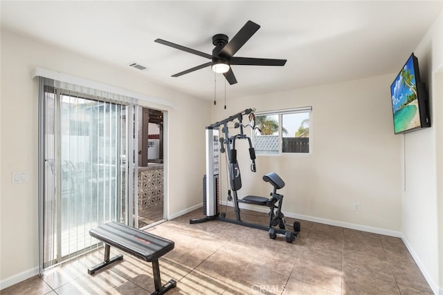 exercise area with ceiling fan