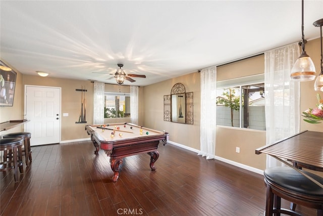 recreation room with billiards, dark hardwood / wood-style floors, and ceiling fan