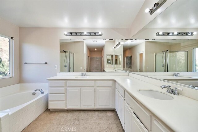 bathroom with separate shower and tub and vanity