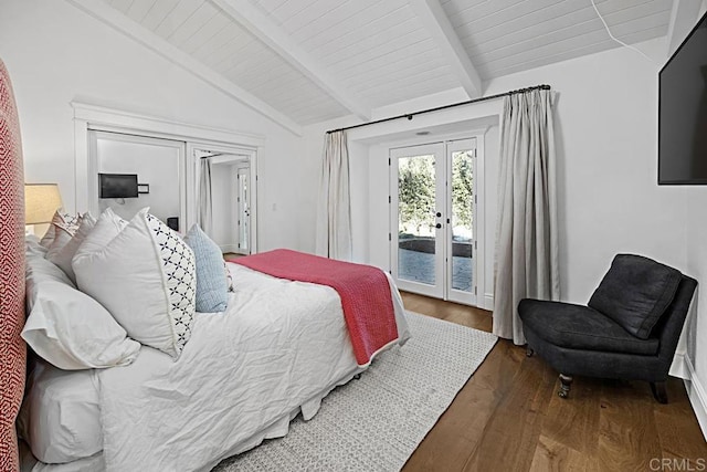 bedroom featuring dark hardwood / wood-style flooring, french doors, access to exterior, and vaulted ceiling with beams