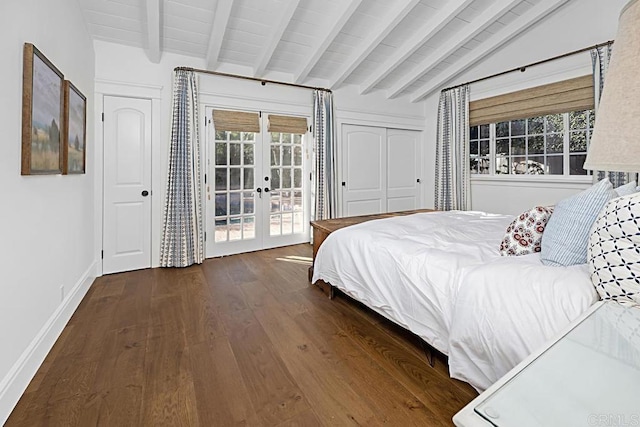 bedroom with access to outside, dark hardwood / wood-style floors, french doors, a closet, and vaulted ceiling with beams