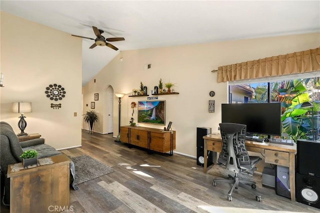 office space featuring lofted ceiling, ceiling fan, and hardwood / wood-style flooring