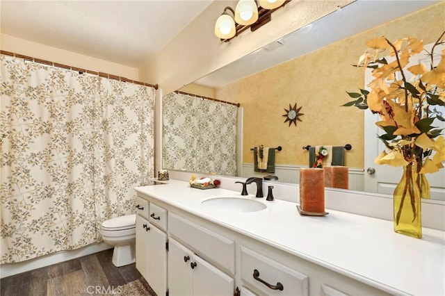 bathroom featuring toilet, vanity, and hardwood / wood-style flooring