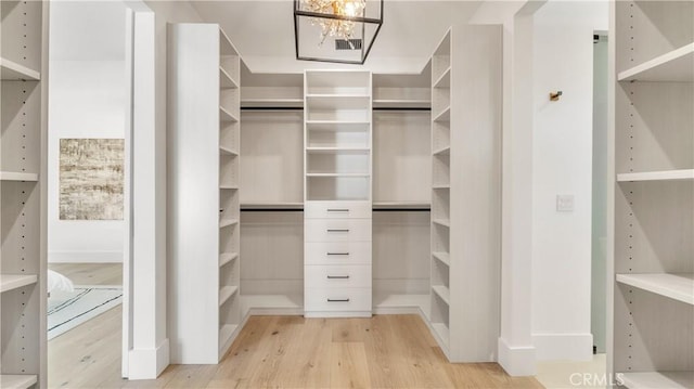 walk in closet featuring an inviting chandelier and light hardwood / wood-style flooring